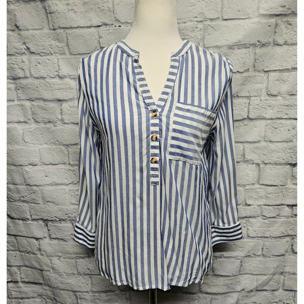 MOST COLLECTION S BLUE WHITE STRIPE V-NECK BUTTON HENLEY TAB SLEEVE NAUTICAL TOP